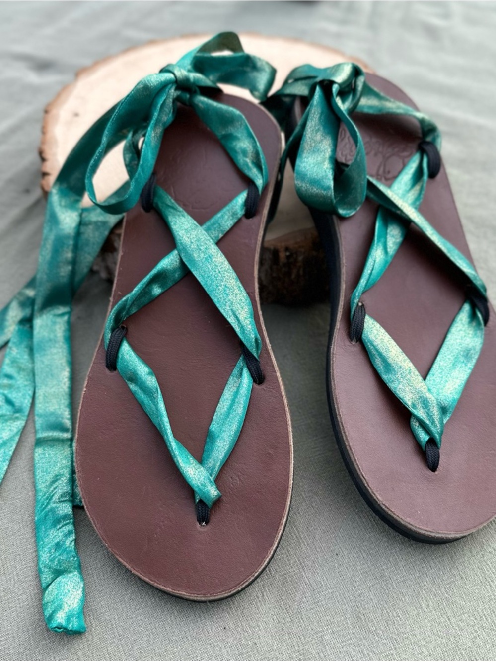 Sseko Leather Wrap Sandals Womens 7 Teal Lace Up Boho Gladiator Ethical